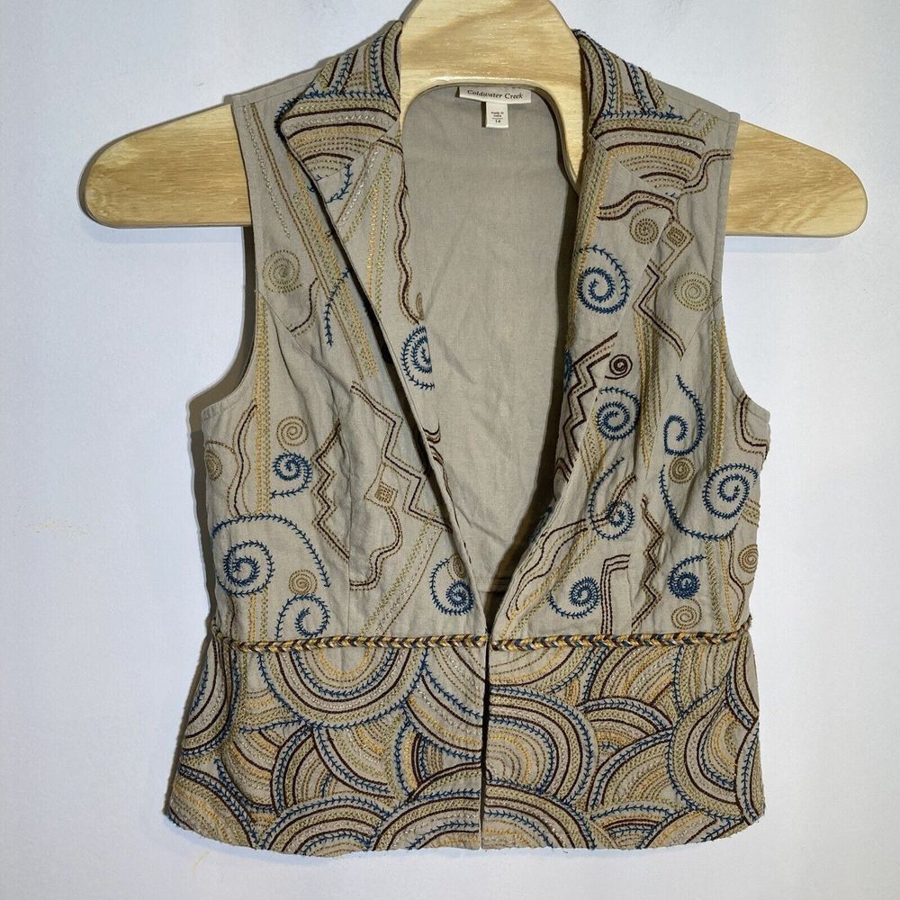 Coldwater Creek Women's 14 Colorful Embroidery Linen Blend Vest Boho